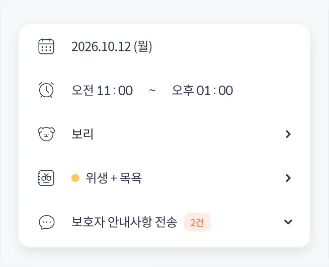 날짜·시간·반려동물·미용 메뉴와 보호자 안내사항 전송을 고른 예약 등록 화면
